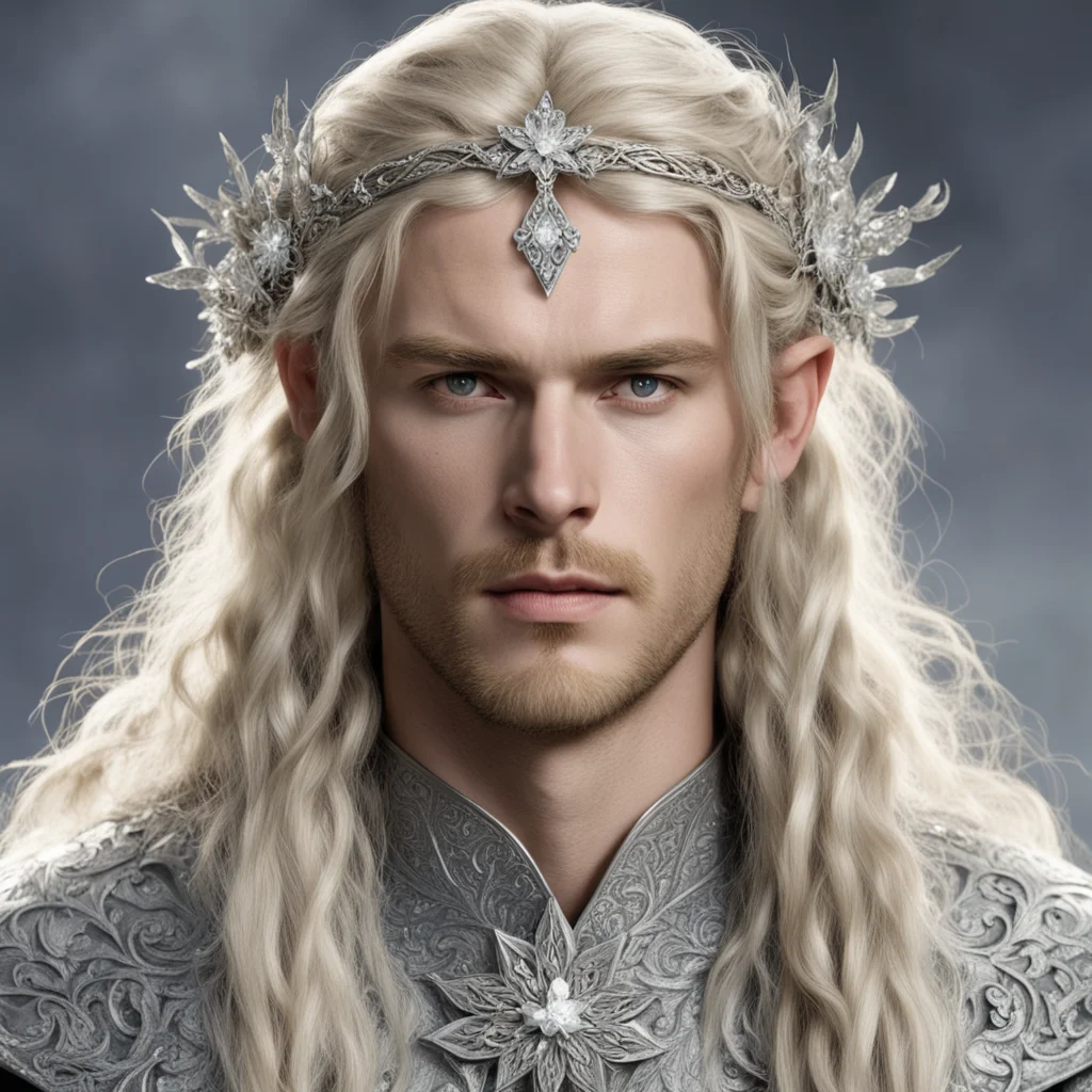 king finrod with blond hair and braids wearing silver flowers encrusted with diamonds forming a small silver elvish circlet with large center diamond confident engaging wow artstation art 3