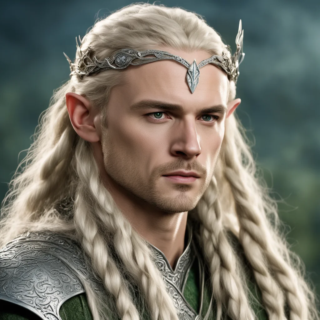 king legolas with blond hair and braids wearing silver serpentine elvish circlet encrusted with diamonds with large center diamond good looking trending fantastic 1