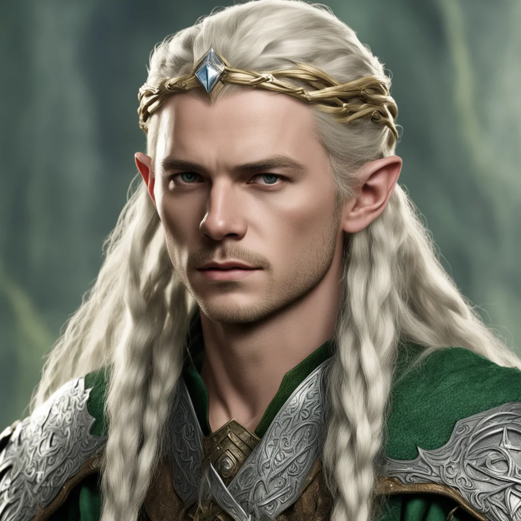 aiking legolas with blond hair and braids wearing silver serpentine elvish circlet with large center diamond wearing royal sindarin clothing