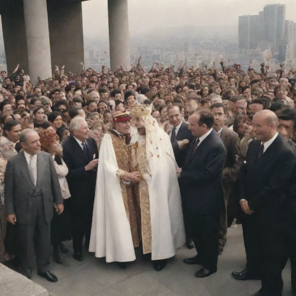 king meeting people from high building