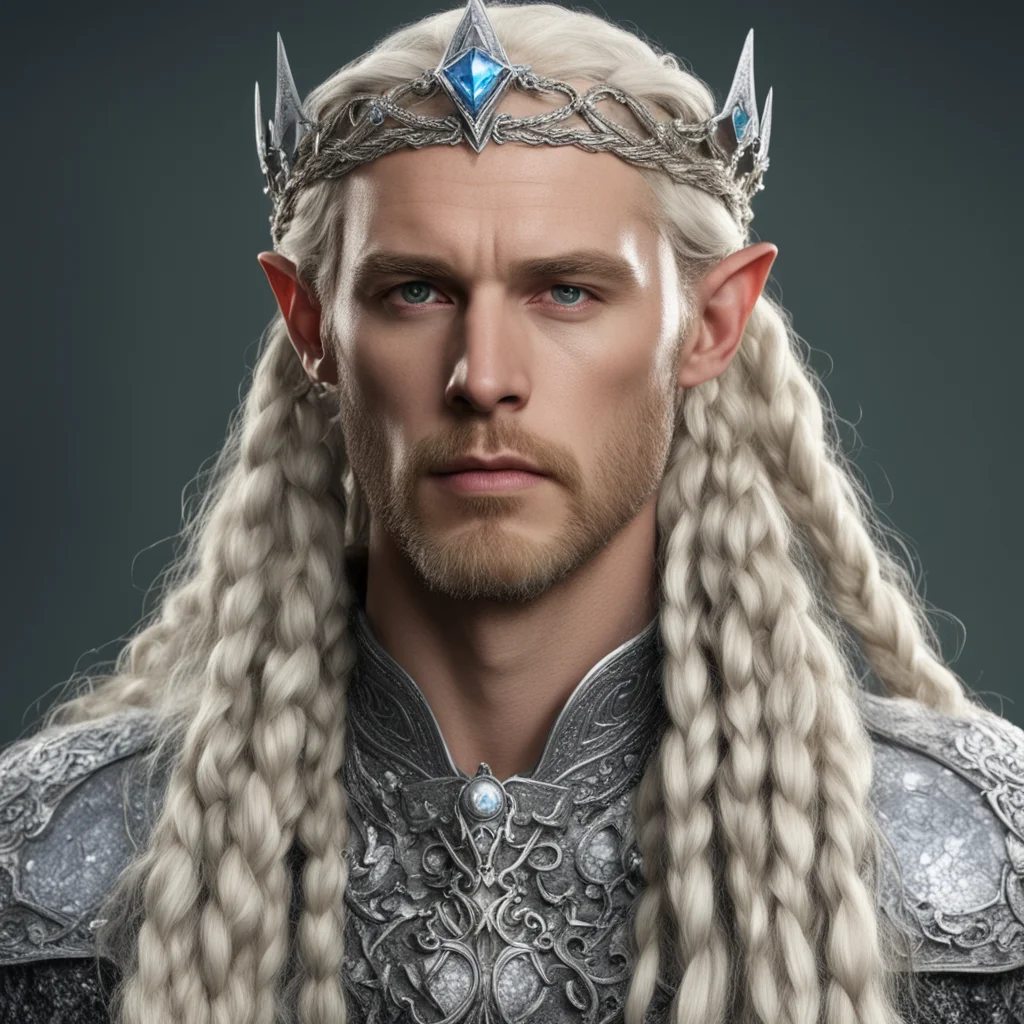 king oropher with blond hair and braids wearing silver serpentine elvish circlet encrusted with diamonds