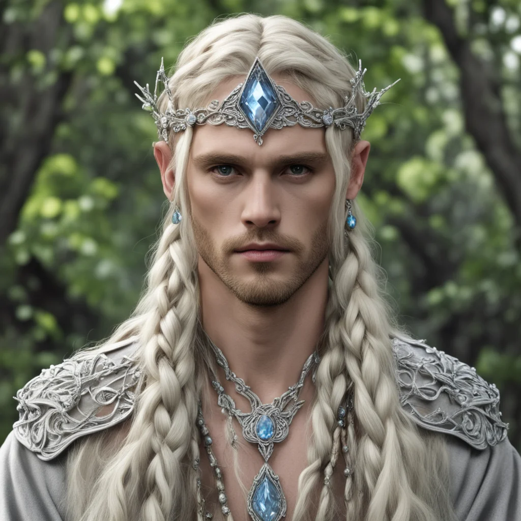 king oropher with blond hair and braids wearing silver twig and diamond berry elvish circlet with large center dianond