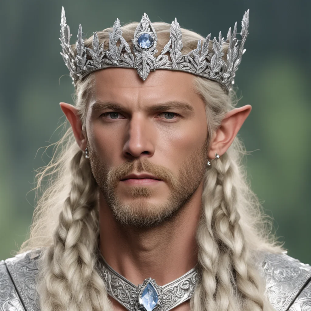 aiking oropher with blonde hair and braids wearing silver laurel leaf elvish circlet encrusted with diamonds with large center diamond  amazing awesome portrait 2