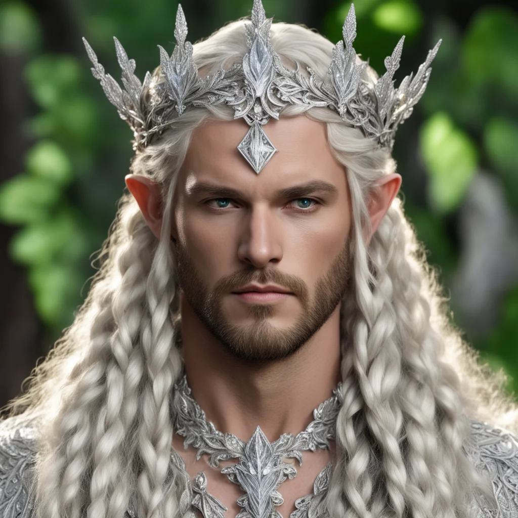 king oropher with blonde hair and braids wearing silver laurel leaf elvish circlet encrusted with diamonds with large center diamond  good looking trending fantastic 1