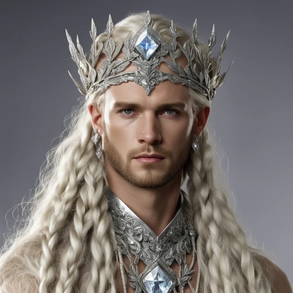 king oropher with blonde hair and braids wearing silver laurel leaf elvish circlet encrusted with diamonds with large center diamond 