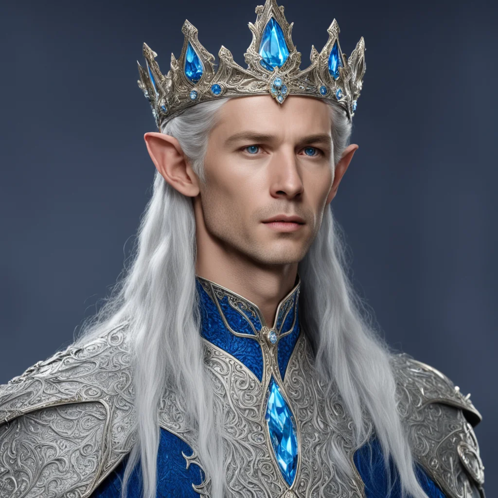 king thingol wearing silver elvish coronet with blue diamond confident engaging wow artstation art 3