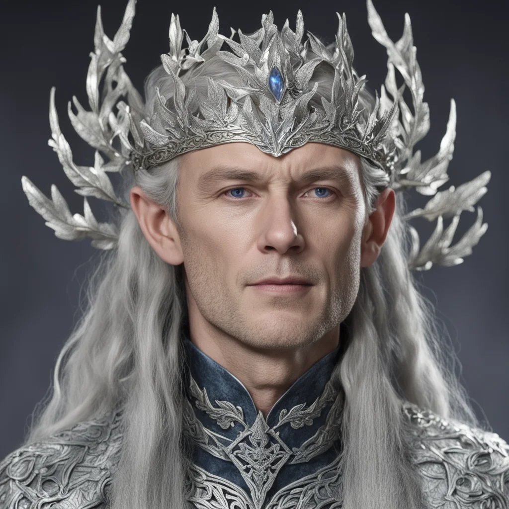 king thingol wearing silver oak leave circlet with diamond confident engaging wow artstation art 3