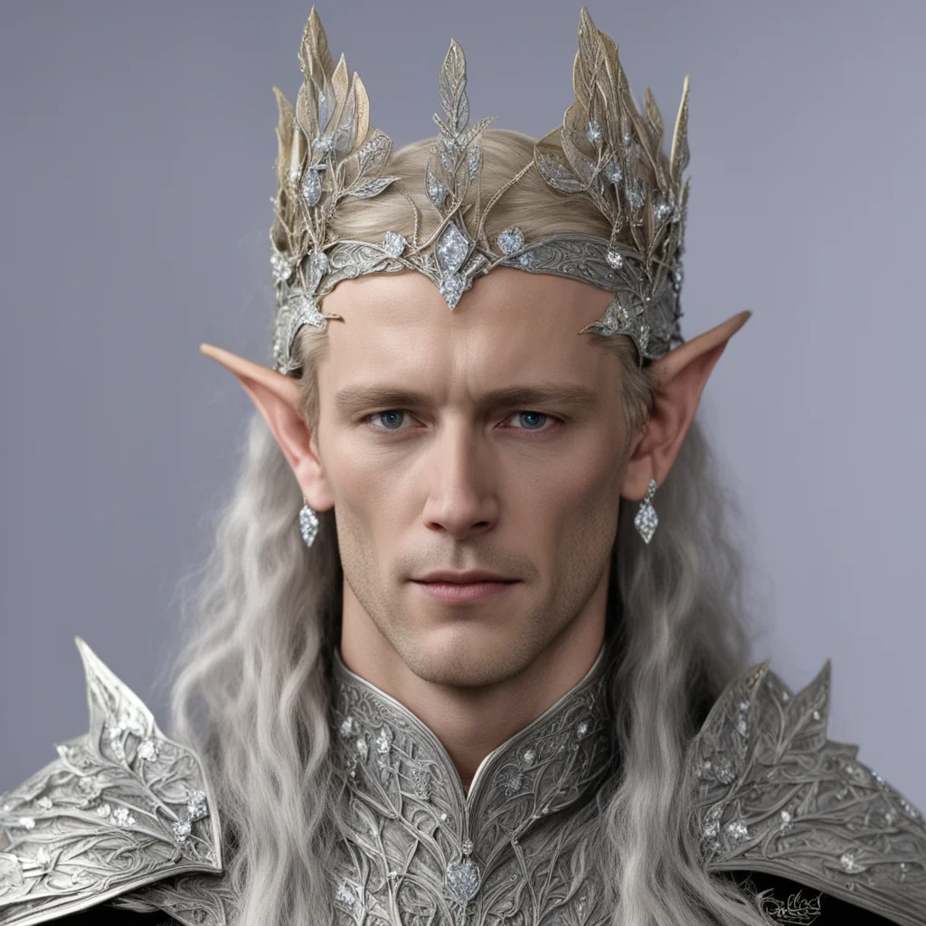 king thingol wearing small silver beech leaf elven circlet with diamonds  confident engaging wow artstation art 3