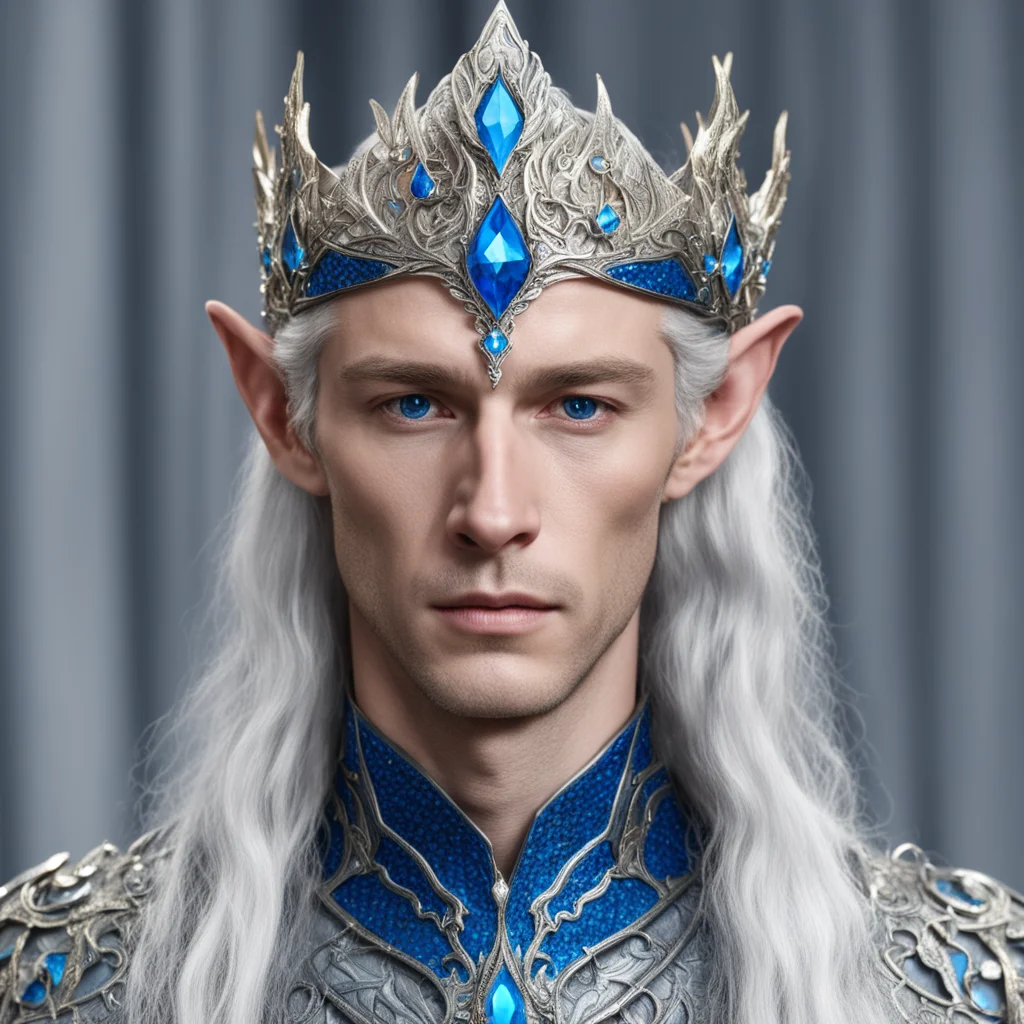king thingol wearing small silver wood elf circlet with blue diamonds confident engaging wow artstation art 3