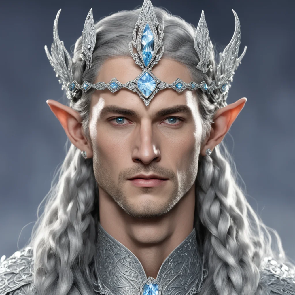 king thingol with braids wearing flowers of silver encrusted with diamonds linked together to form a small elvish circlet with large center diamond confident engaging wow artstation art 3