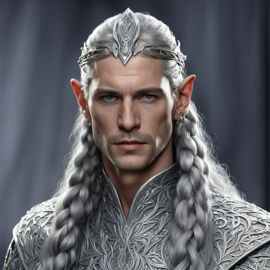 king thingol with braids wearing roman style silver leaf circlet studded with diamond with diamond connected at forhead amazing awesome portrait 2