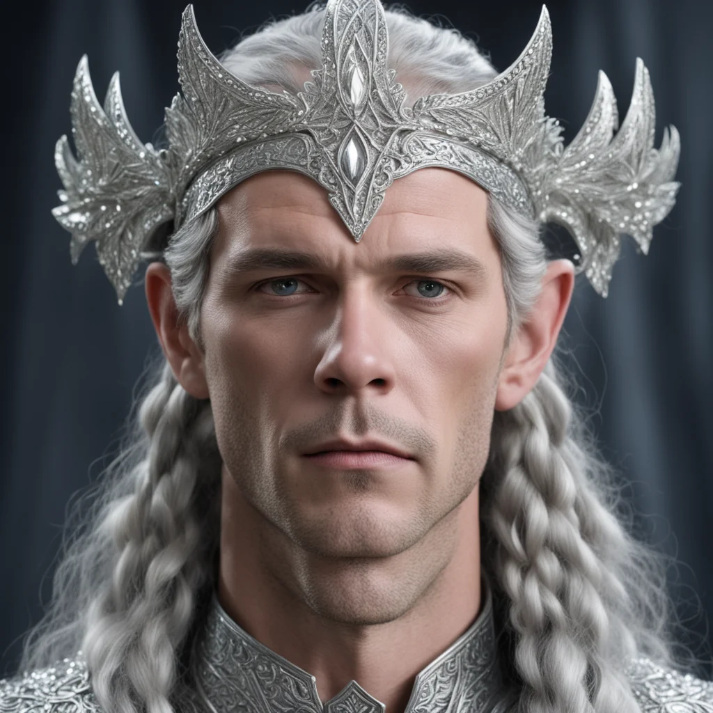 king thingol with braids wearing roman style silver leaf circlet studded with diamond with diamond connected at forhead confident engaging wow artstation art 3