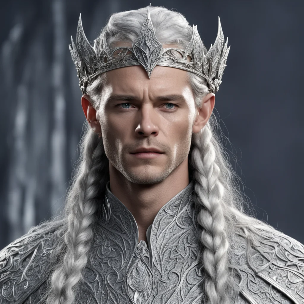 king thingol with braids wearing roman style silver leaf circlet studded with diamond with diamond connected at forhead good looking trending fantastic 1