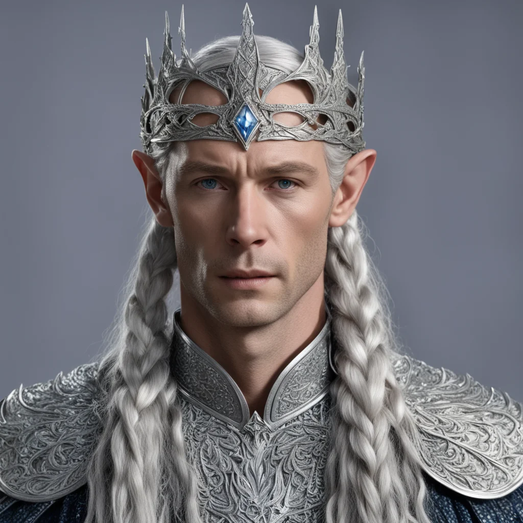 king thingol with braids wearing roman style silver leaf circlet studded with diamond with diamond connected at forhead