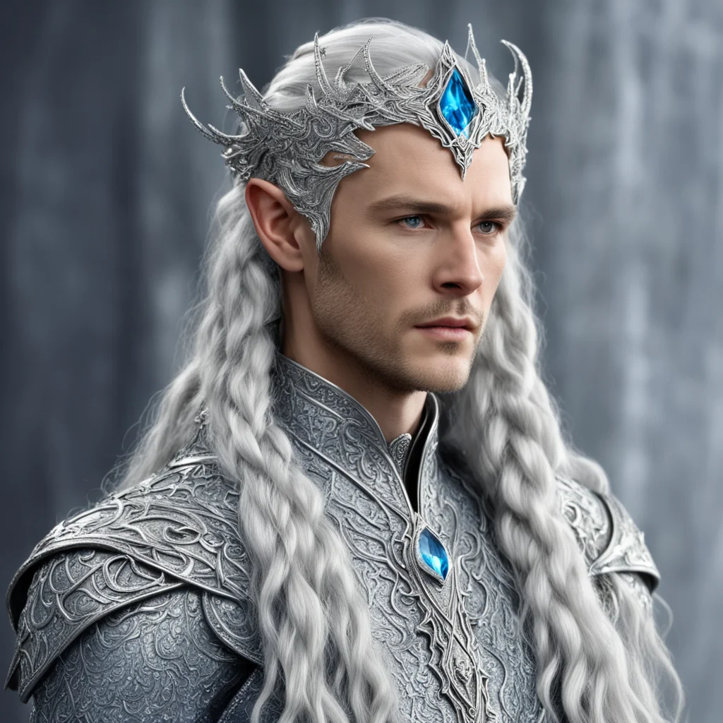 king thingol with braids wearing silver fiery serpent silver elvish circlet encrusted with diamonds with large center diamond  amazing awesome portrait 2