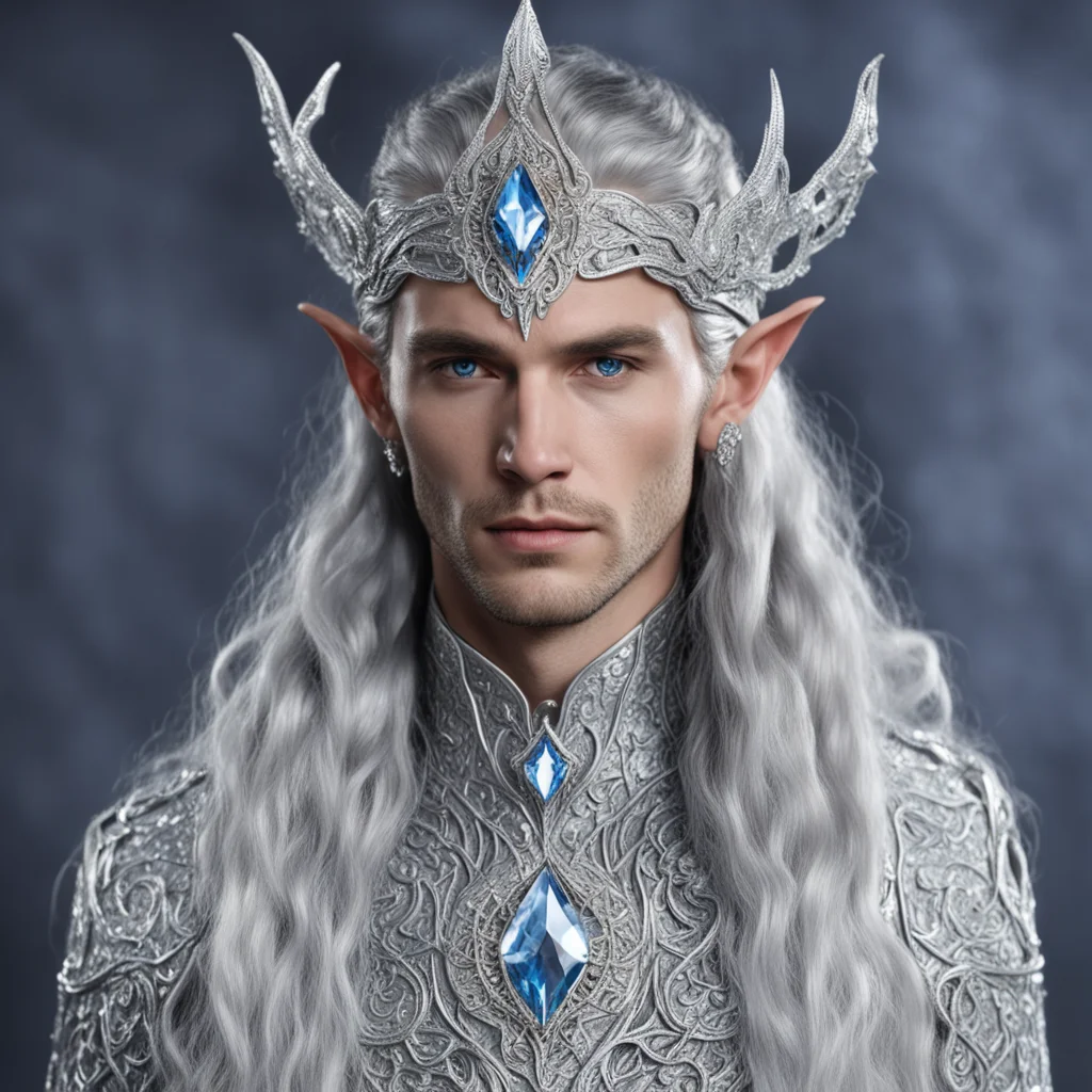 king thingol with braids wearing silver fiery serpent silver elvish circlet encrusted with diamonds with large center diamond  confident engaging wow artstation art 3