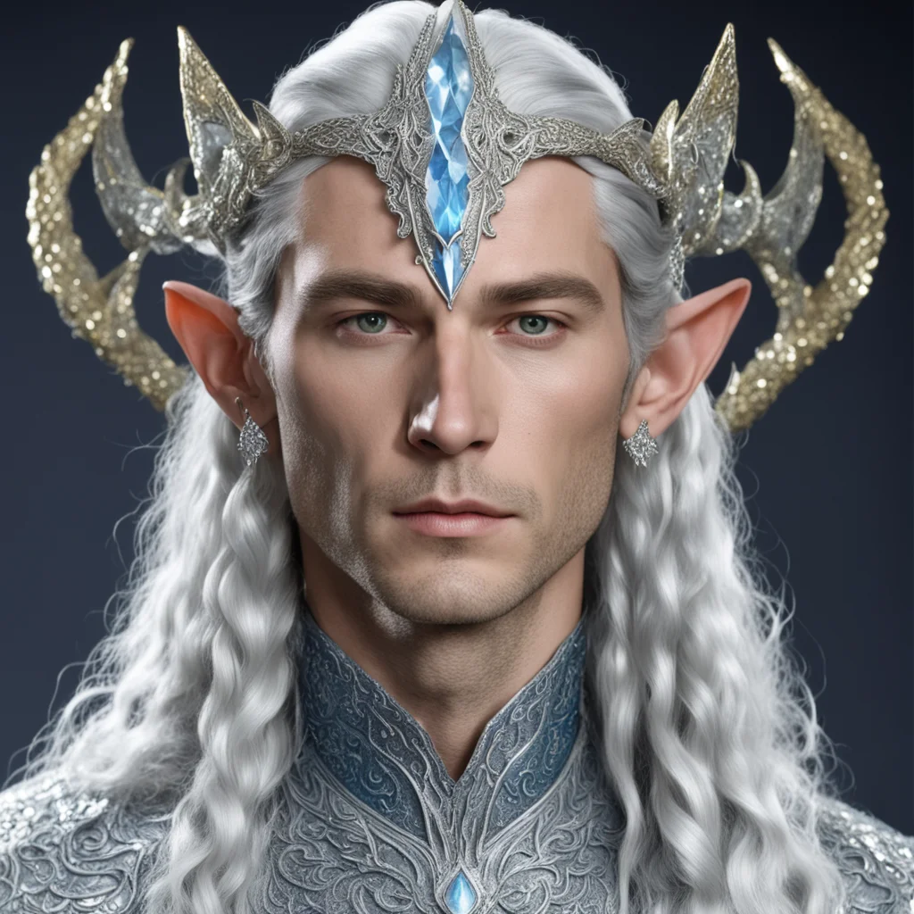 king thingol with braids wearing silver fiery serpent silver elvish circlet encrusted with diamonds with large center diamond  good looking trending fantastic 1