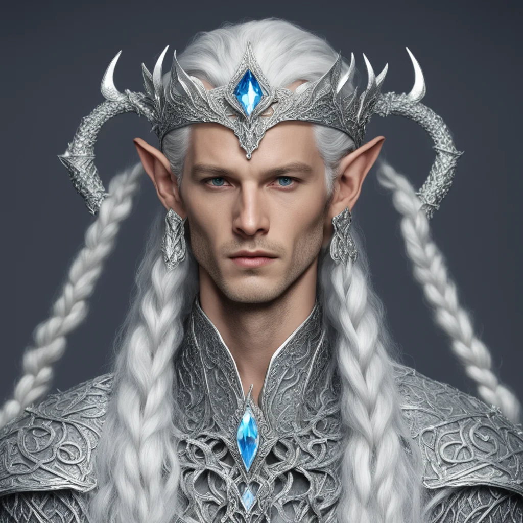 king thingol with braids wearing silver fiery serpent silver elvish circlet encrusted with diamonds with large center diamond 
