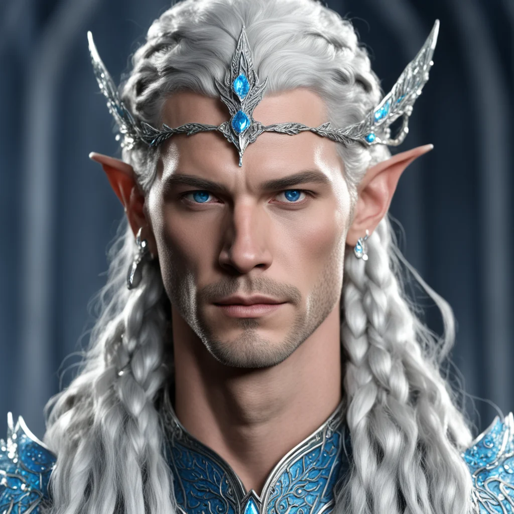 king thingol with braids wearing silver flat laurel leaf elven circlet studded with diamonds with blue diamond at forehead good looking trending fantastic 1