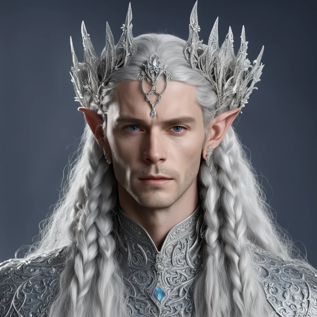 king thingol with braids wearing silver flower elvish circlet  encrusted with diamonds