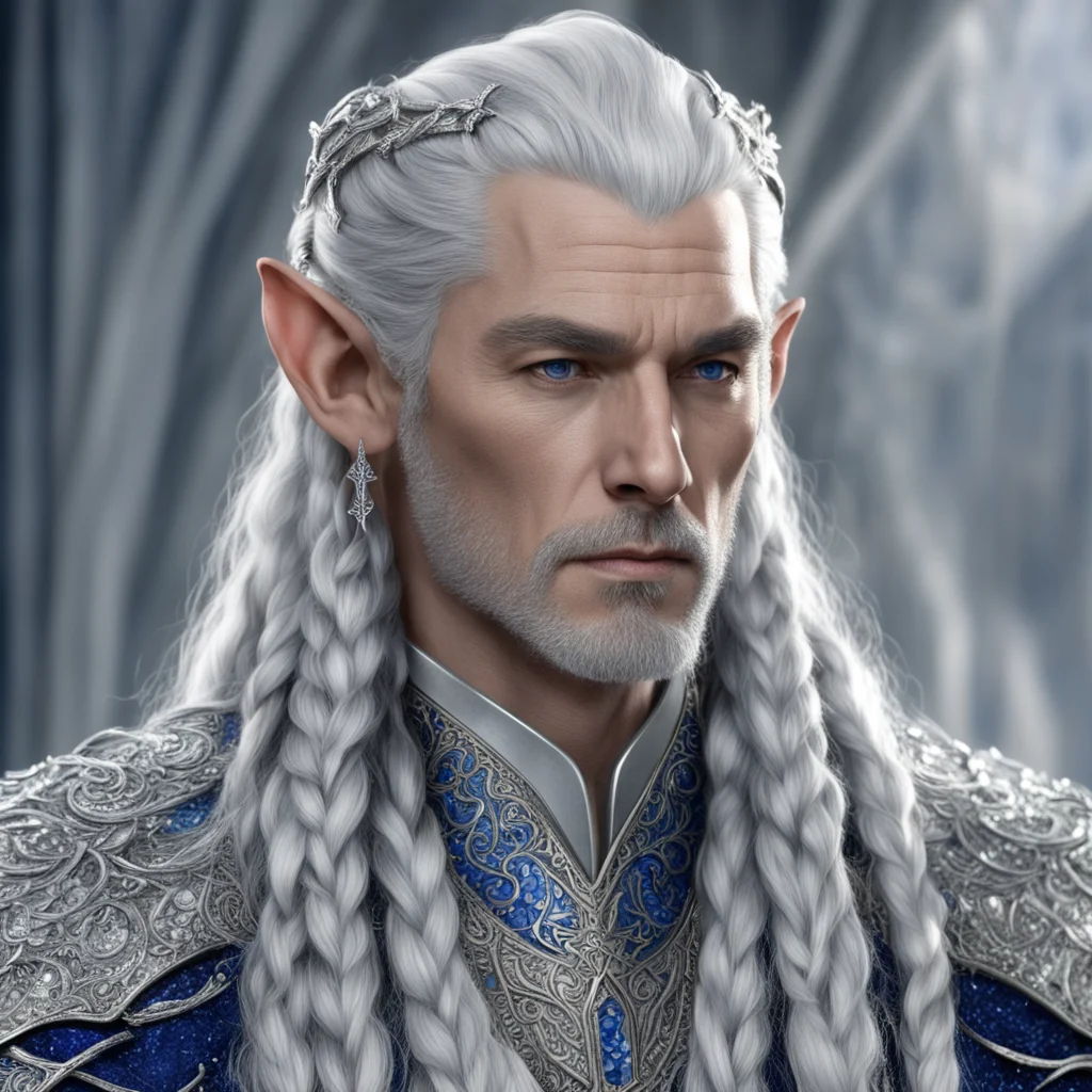 king thingol with braids wearing silver hair fork with diamonds and sapphires confident engaging wow artstation art 3