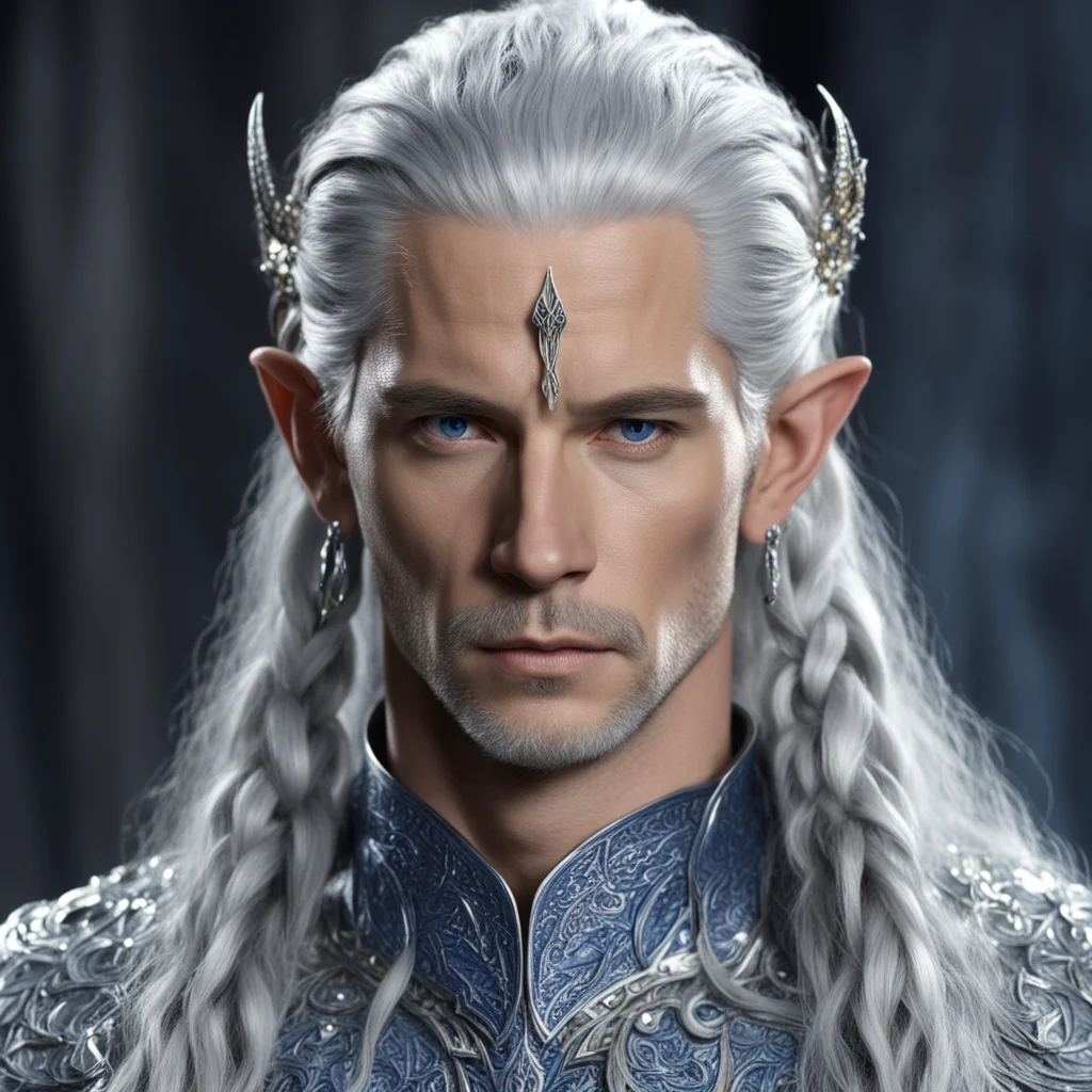 king thingol with braids wearing silver hair fork with diamonds and sapphires