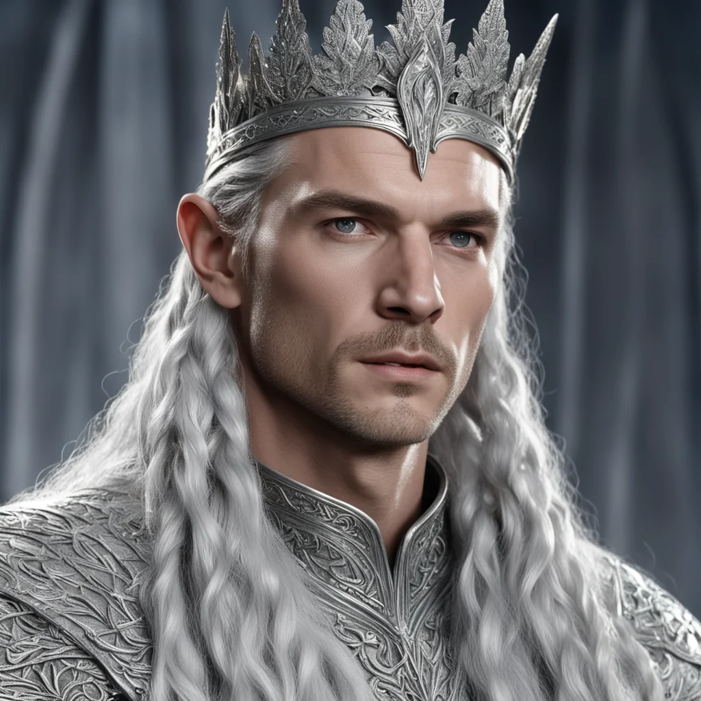 king thingol with braids wearing silver laurel leaf circlet studded with diamonds confident engaging wow artstation art 3