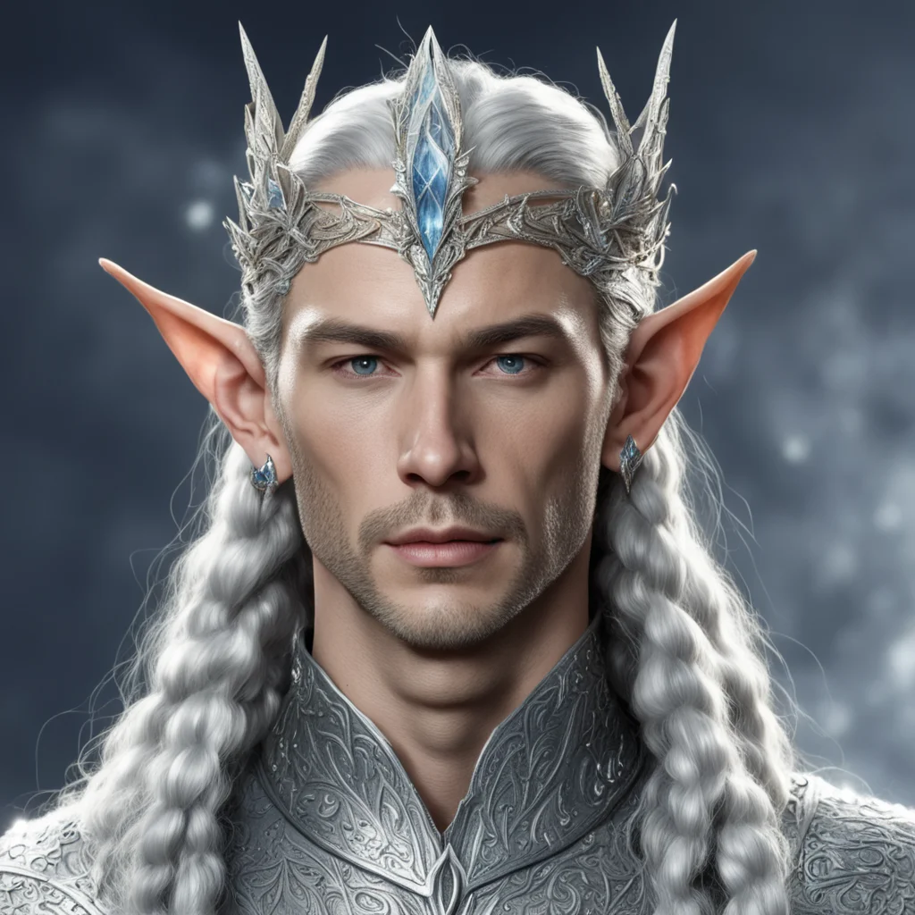 king thingol with braids wearing silver leaf elven circlet studded with diamonds with diamond connected at forehead confident engaging wow artstation art 3