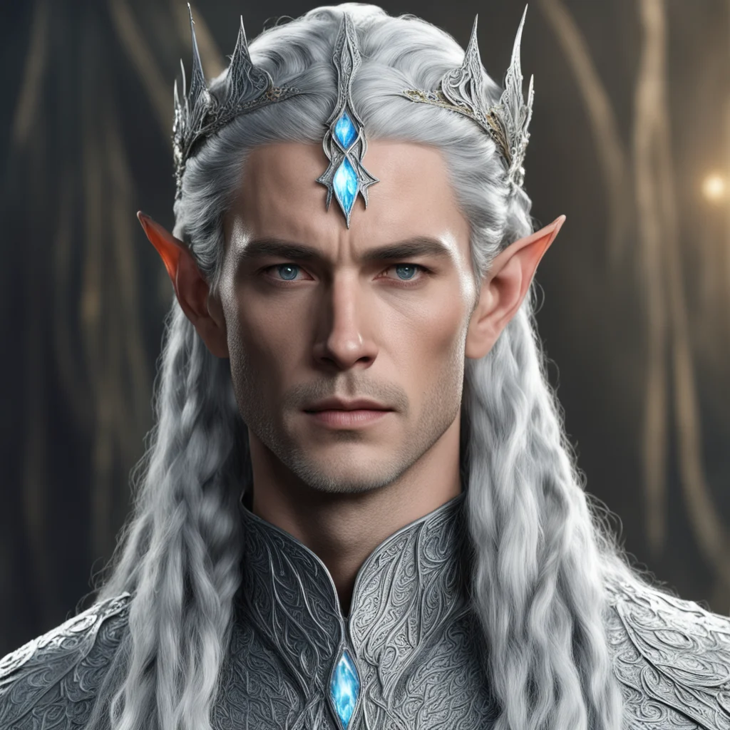 king thingol with braids wearing silver leaf elven circlet studded with diamonds with diamond connected at forehead good looking trending fantastic 1