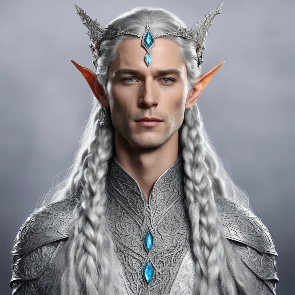 king thingol with braids wearing silver leaf elven circlet with diamonds