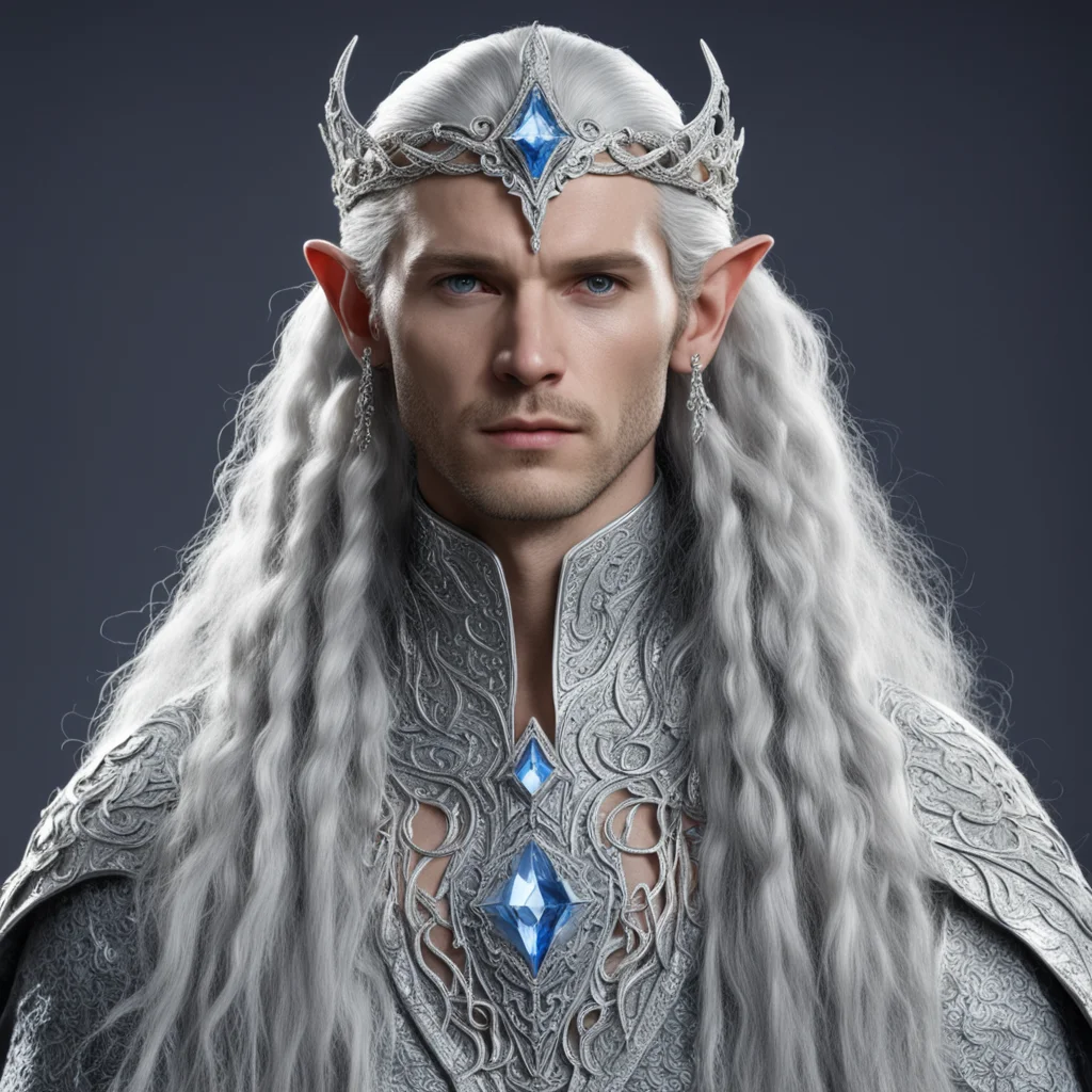 king thingol with braids wearing silver serpent silver elvish circlet encrusted with diamonds with large center diamond  good looking trending fantastic 1