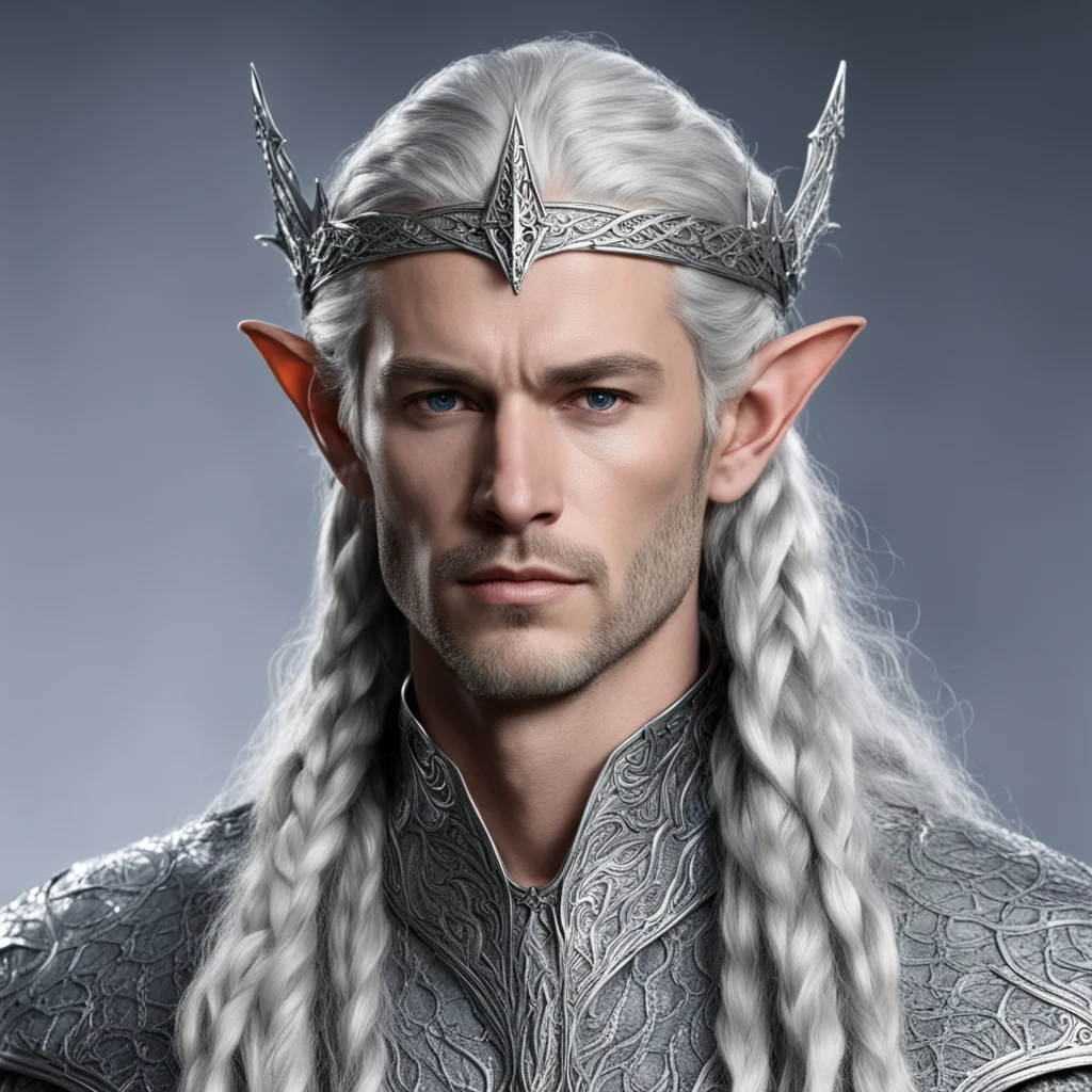 king thingol with braids wearing silver snake elven circlet with diamonds