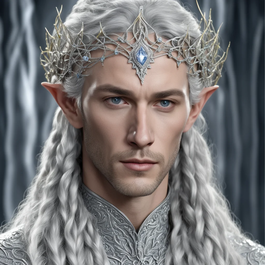 king thingol with braids wearing silver strings of diamonds with small silver vine intertwined elvish circlet with center diamond confident engaging wow artstation art 3
