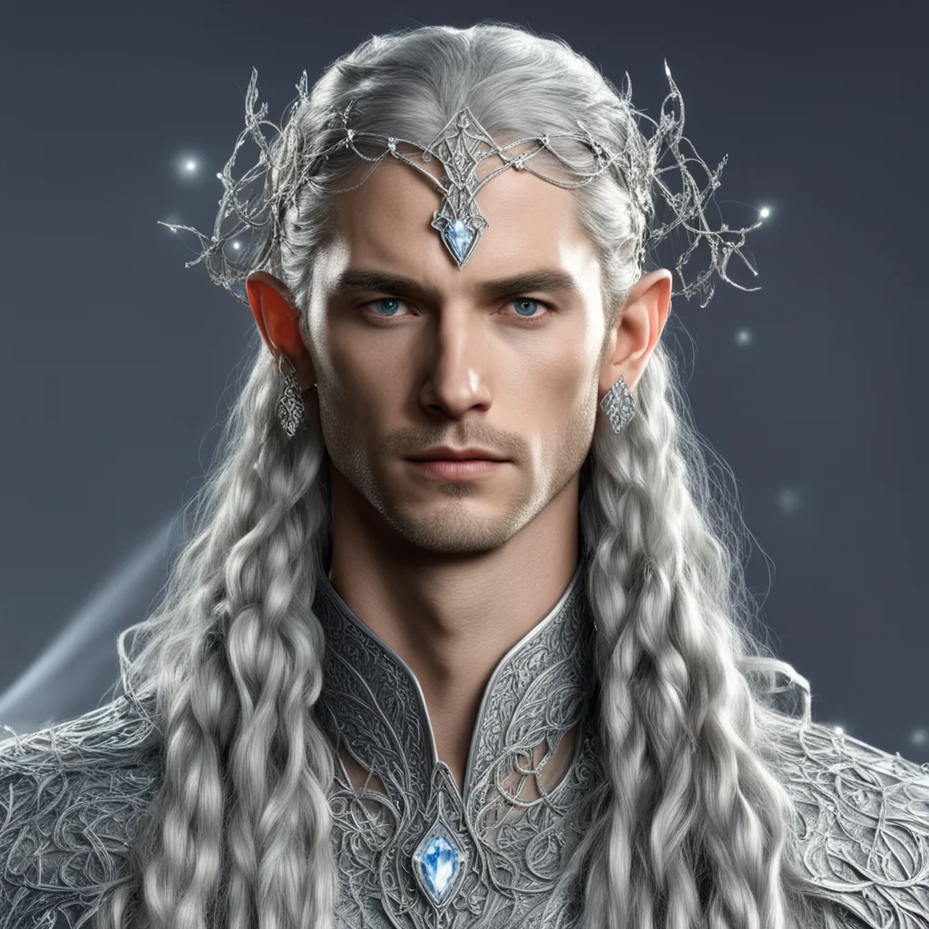 king thingol with braids wearing silver strings of diamonds with small silver vine intertwined elvish circlet with center diamond good looking trending fantastic 1