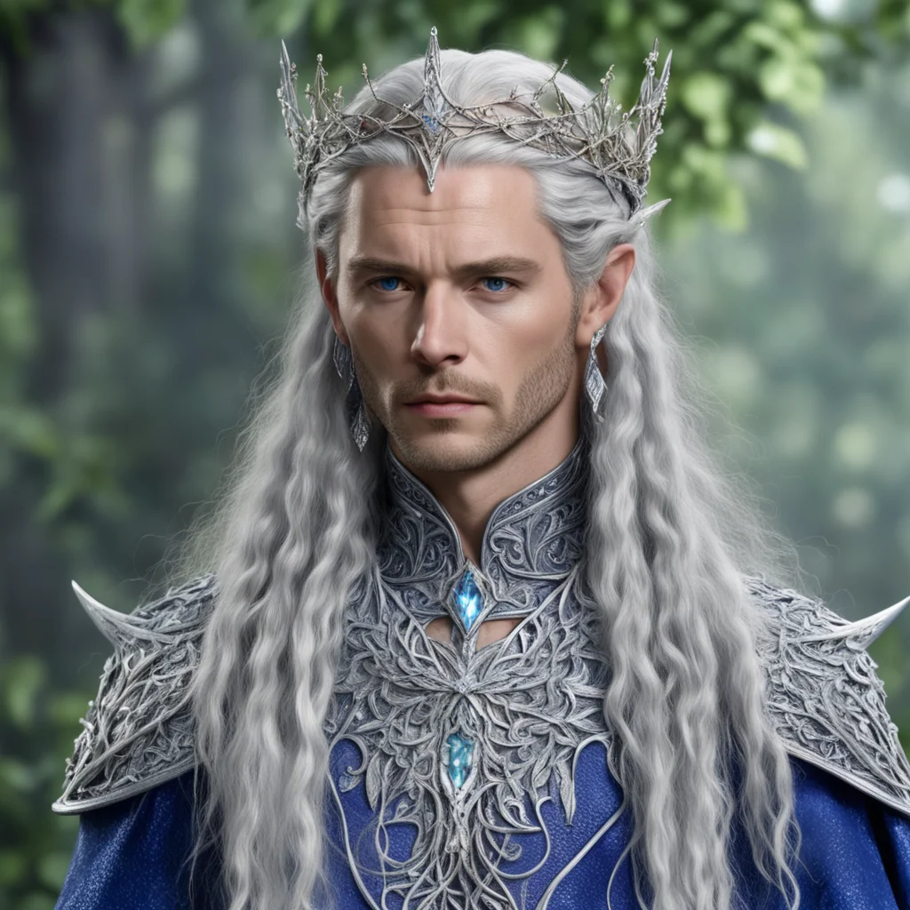 king thingol with braids wearing silver twig and diamond berry elvish circlet with large center diamond confident engaging wow artstation art 3