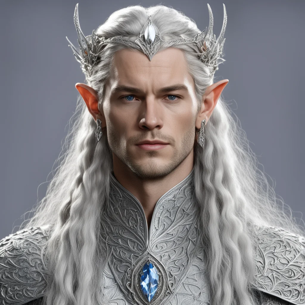 king thingol with braids wearing small silver elvish circlet with large center diamond confident engaging wow artstation art 3