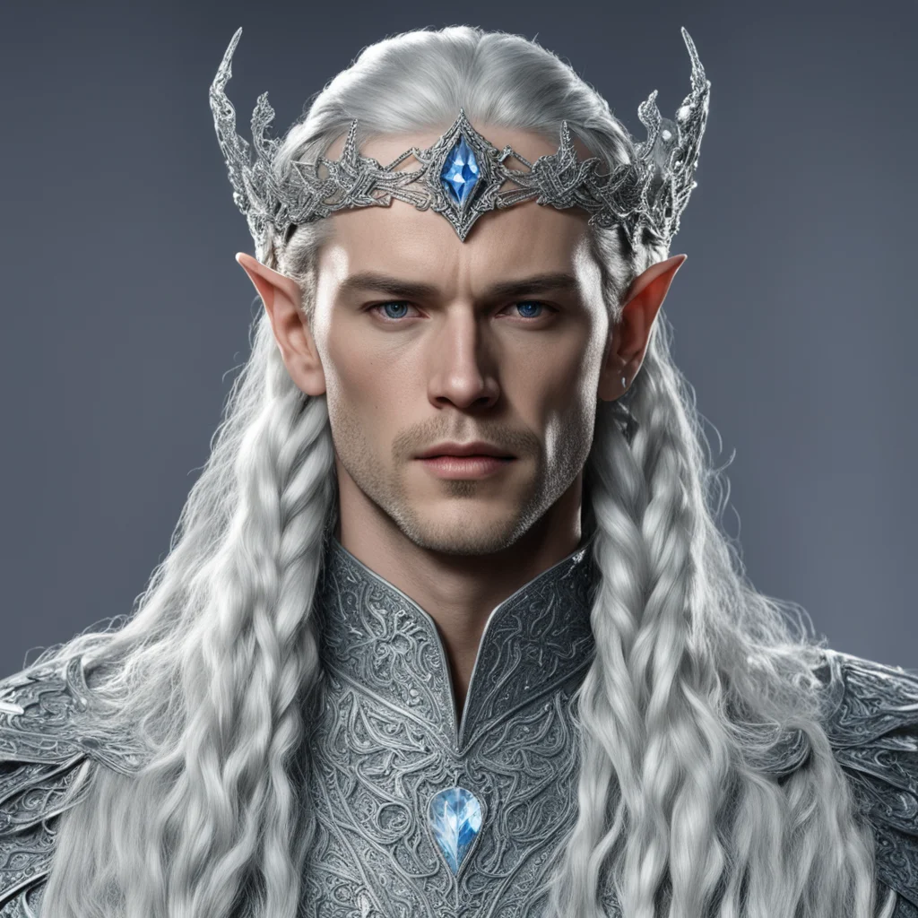 king thingol with braids wearing small silver serpentine elvish circlet encrusted with diamonds with large center diamond good looking trending fantastic 1