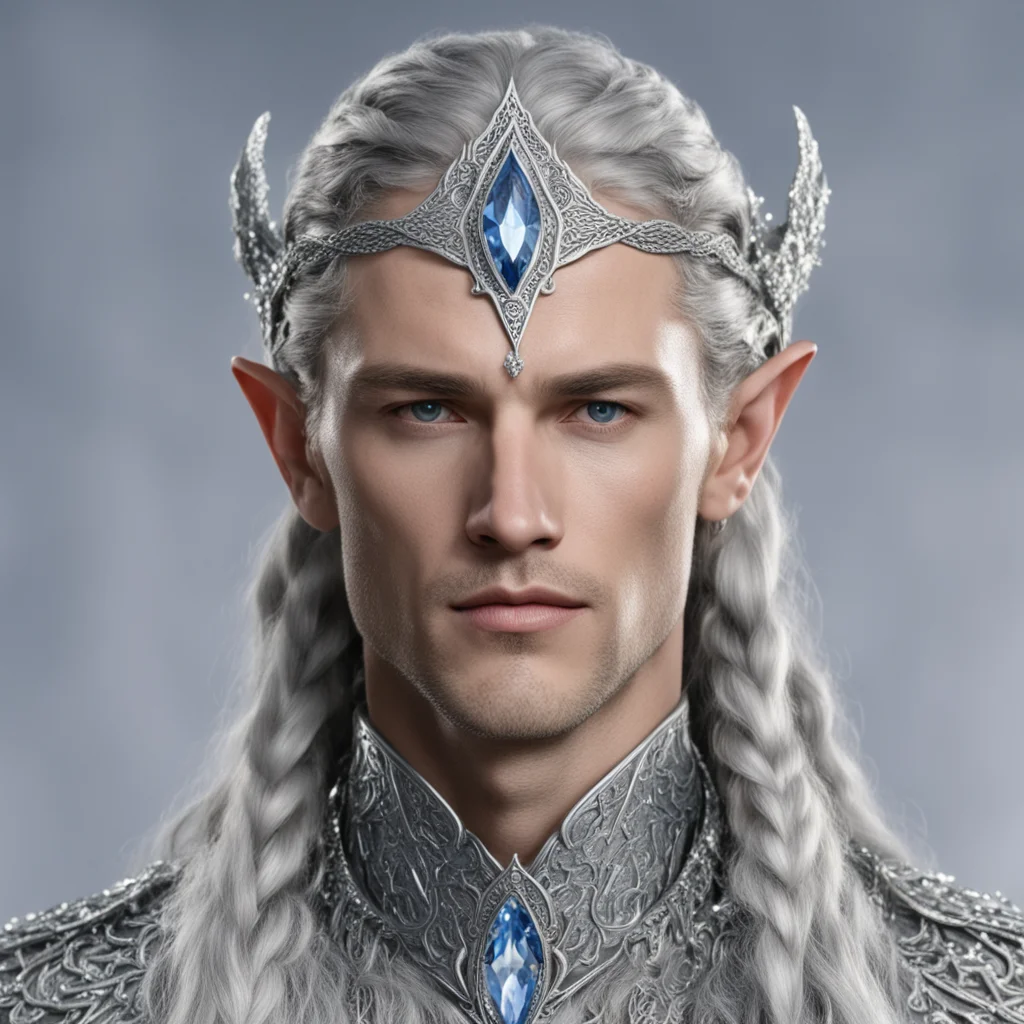 king thingol with braids wearing small silver serpentine elvish circlet encrusted with diamonds with large center diamond