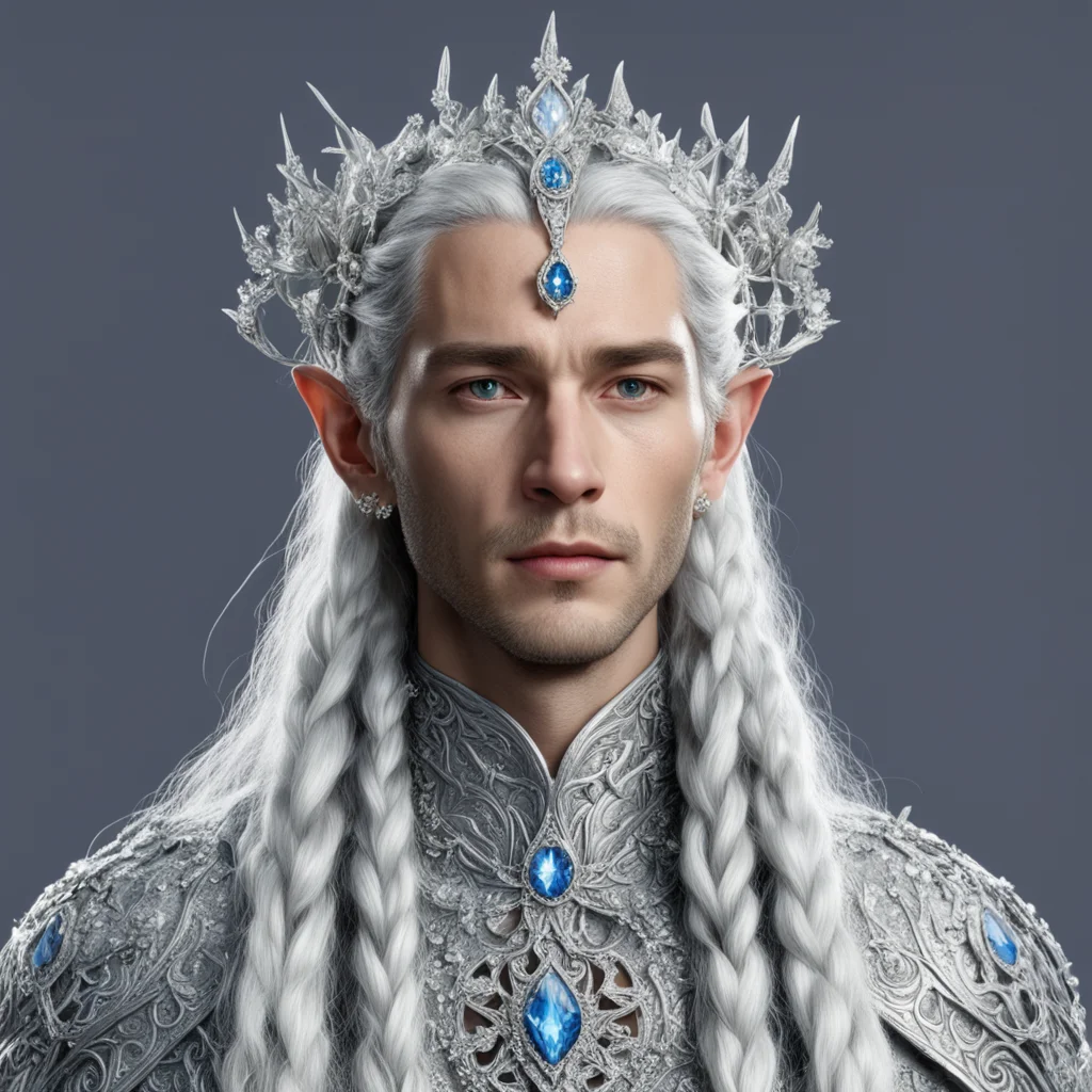 king thingol with silver hair and braids wearing silver flowers encrusted with diamonds to form a silver elvish circlet with large center diamond wearing the nauglamir on the neck