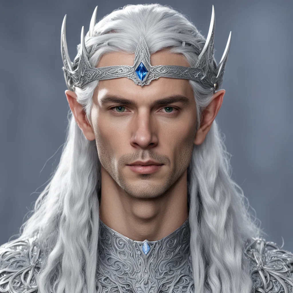 king thingol with silver hair and braids wearing silver sindarin elvish circlet with large center diamond  amazing awesome portrait 2