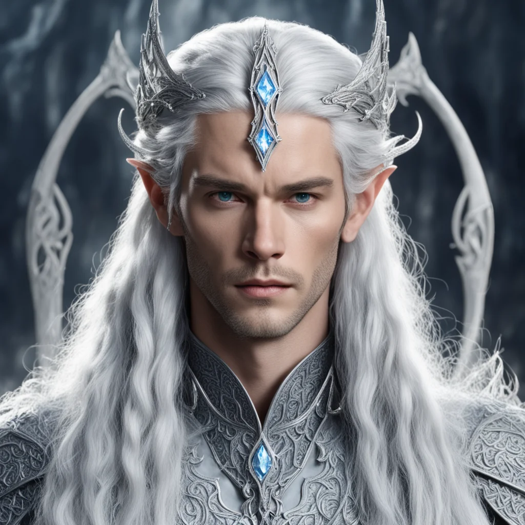 king thingol with silver hair and braids wearing silver sindarin elvish circlet with large center diamond  confident engaging wow artstation art 3