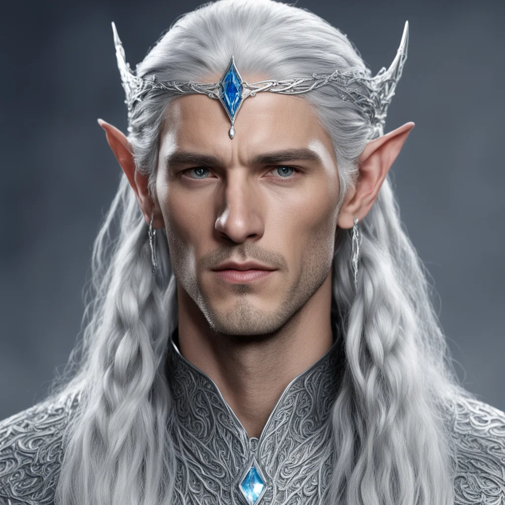 king thingol with silver hair and braids wearing silver sindarin elvish circlet with large center diamond 