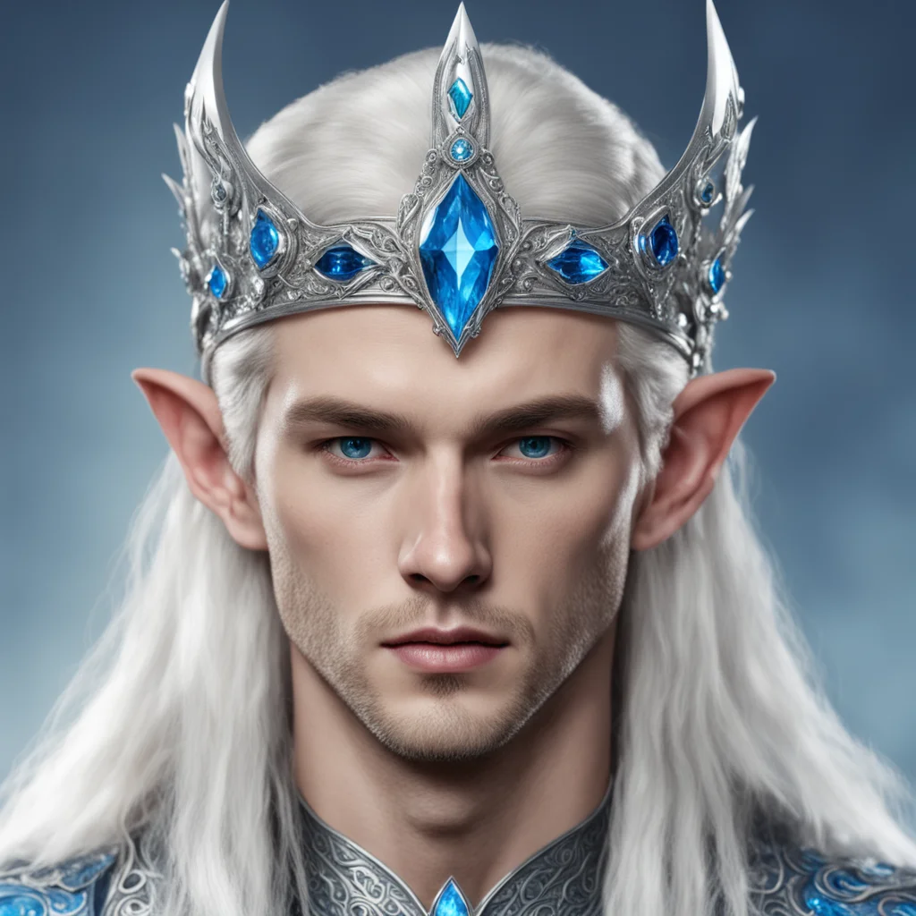 king thramduil wearing silver elven circlet with blue diamond confident engaging wow artstation art 3