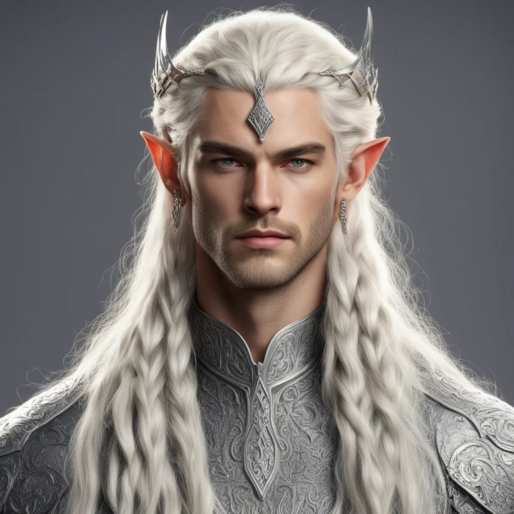 aiking thramduil with blond hair and braids wearing large silver elvish hair fork on top of head the large diamonds confident engaging wow artstation art 3