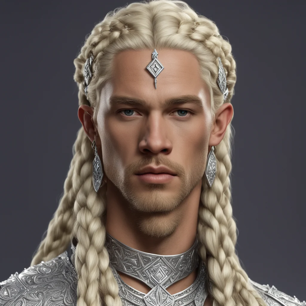 king thramduil with blond hair and braids wearing silver and diamond strings in the hair connected to large center diamond on the forehead good looking trending fantastic 1
