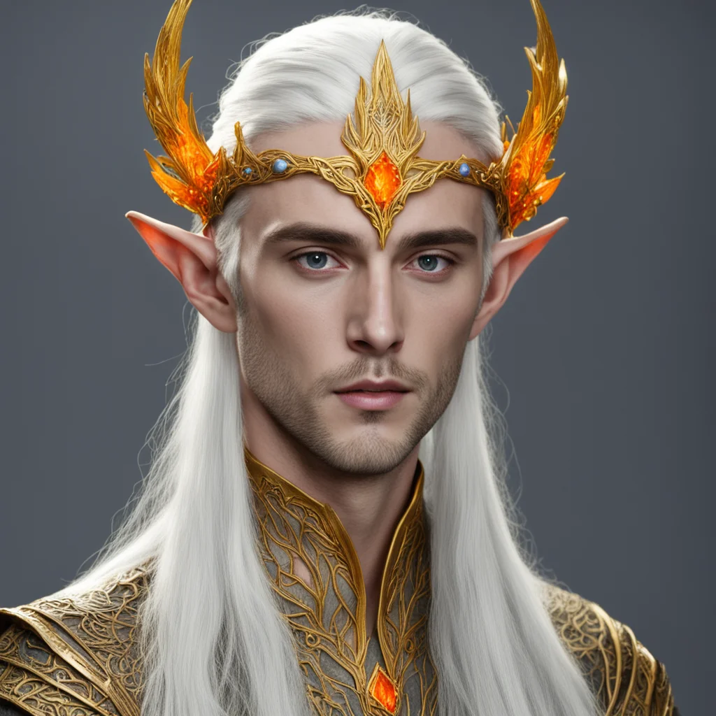 king thranduil wearing golden wood elf circlet with orange sapphires confident engaging wow artstation art 3
