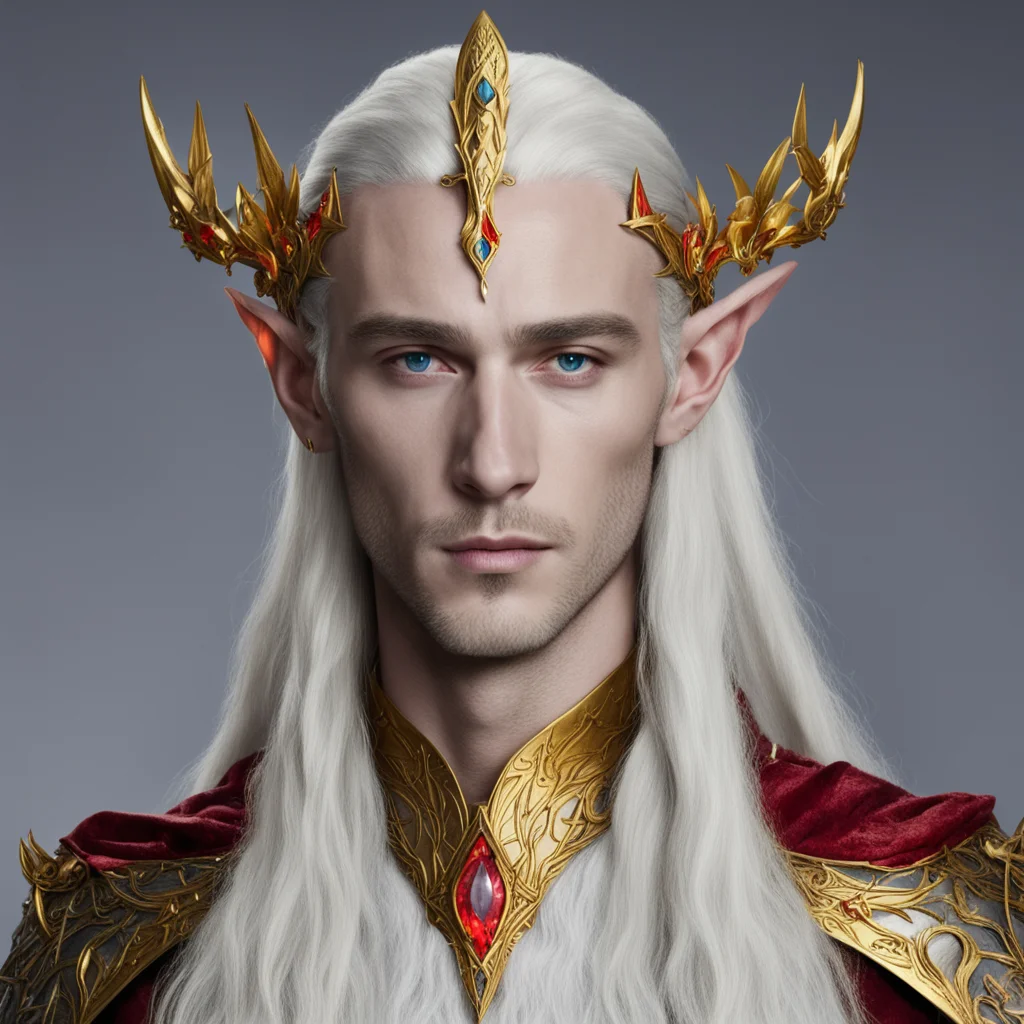 king thranduil wearing golden wood elf circlet with rubies and orange sapphires confident engaging wow artstation art 3