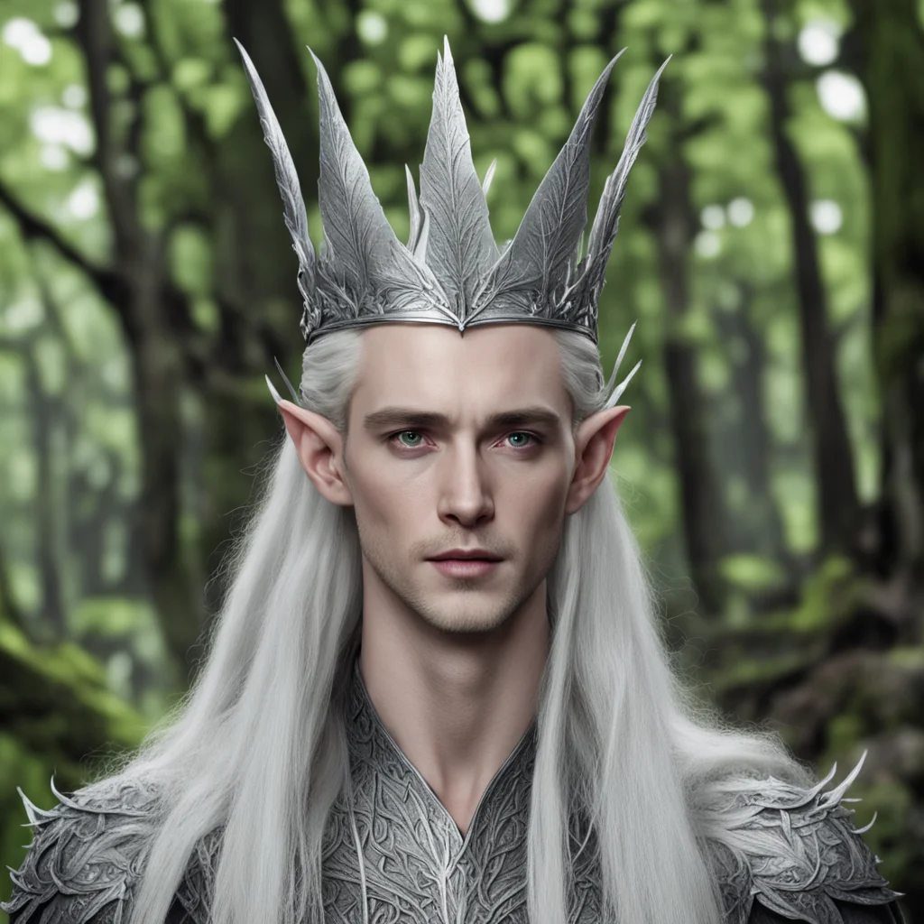 king thranduil wearing silver beech leaf elven crown confident engaging wow artstation art 3