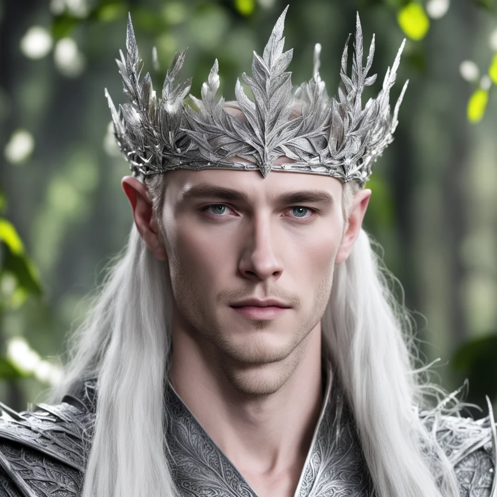 king thranduil wearing silver beech leaf elven crown with diamonds confident engaging wow artstation art 3