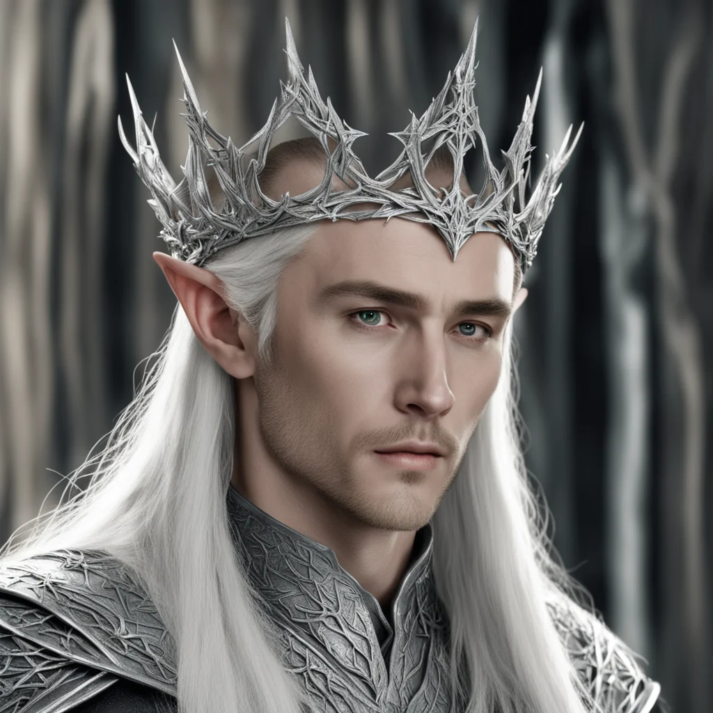 king thranduil wearing silver elven crown of thorns with diamonds confident engaging wow artstation art 3